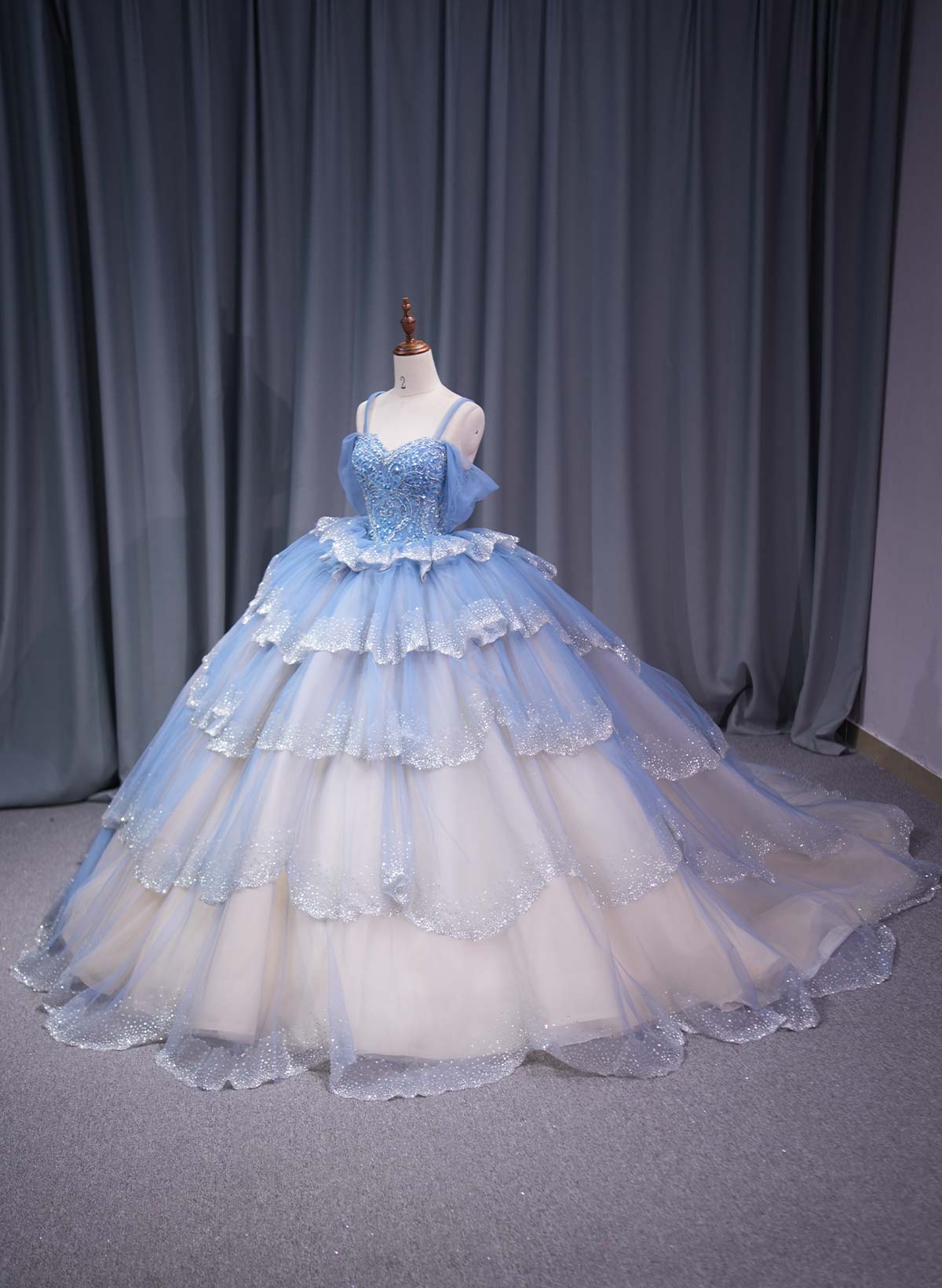 Ball-Gown Off-The-Shoulder Cape Sleeves Royal Prom Dresses With Cascading Ruffles/Sequins