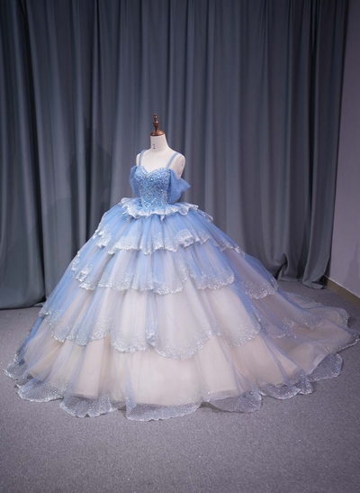 Ball-Gown Off-The-Shoulder Cape Sleeves Royal Prom Dresses With Cascading Ruffles/Sequins