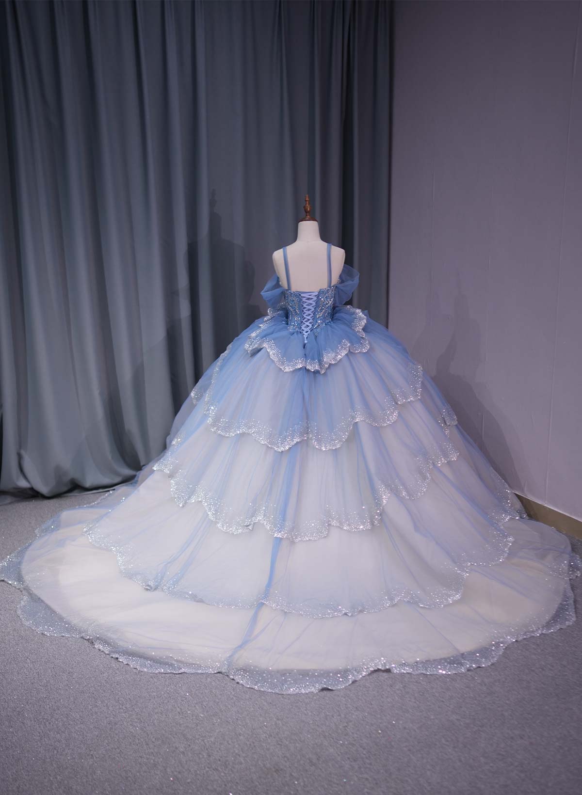 Ball-Gown Off-The-Shoulder Cape Sleeves Royal Prom Dresses With Cascading Ruffles/Sequins