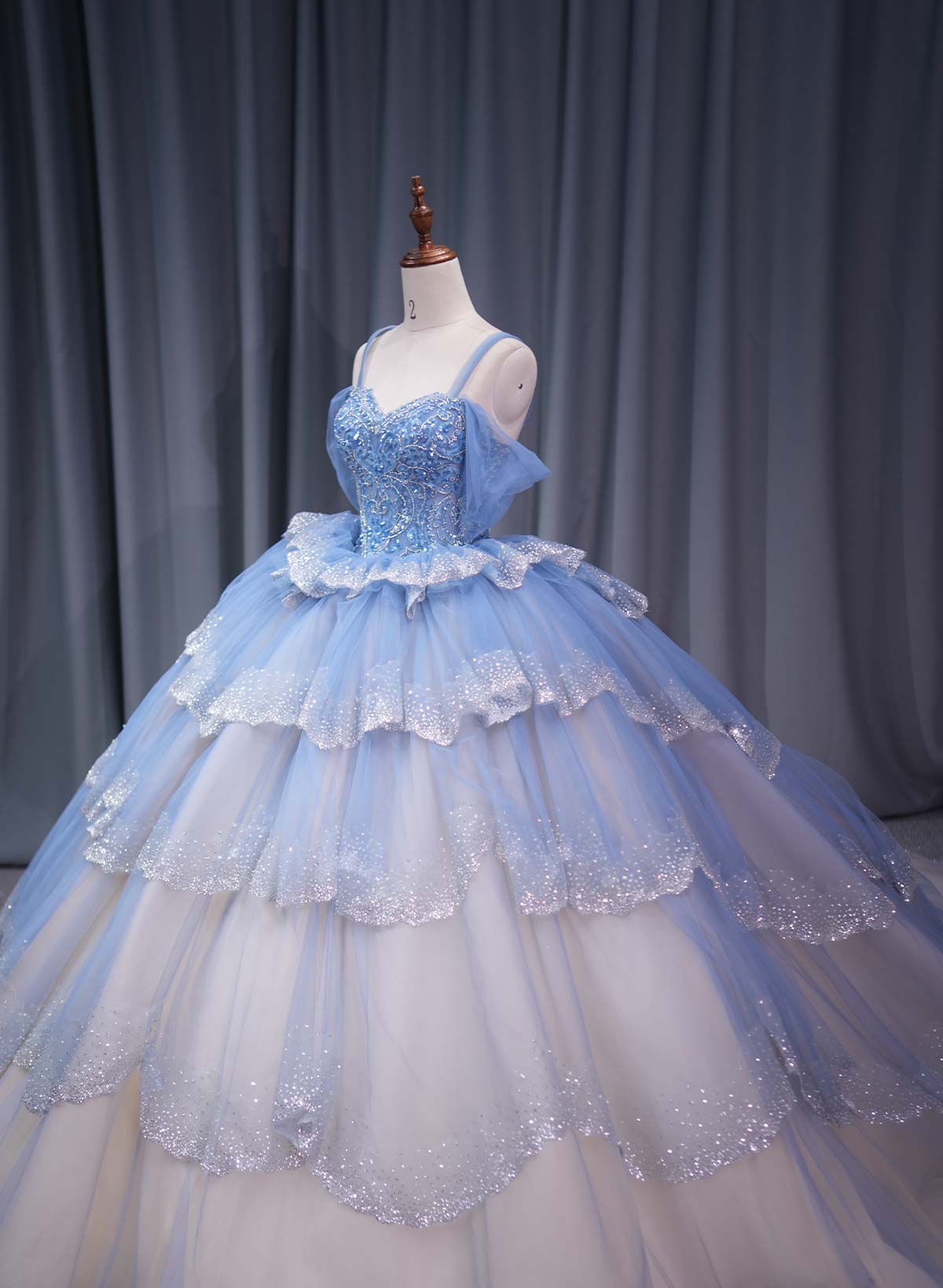 Ball-Gown Off-The-Shoulder Cape Sleeves Royal Prom Dresses With Cascading Ruffles/Sequins