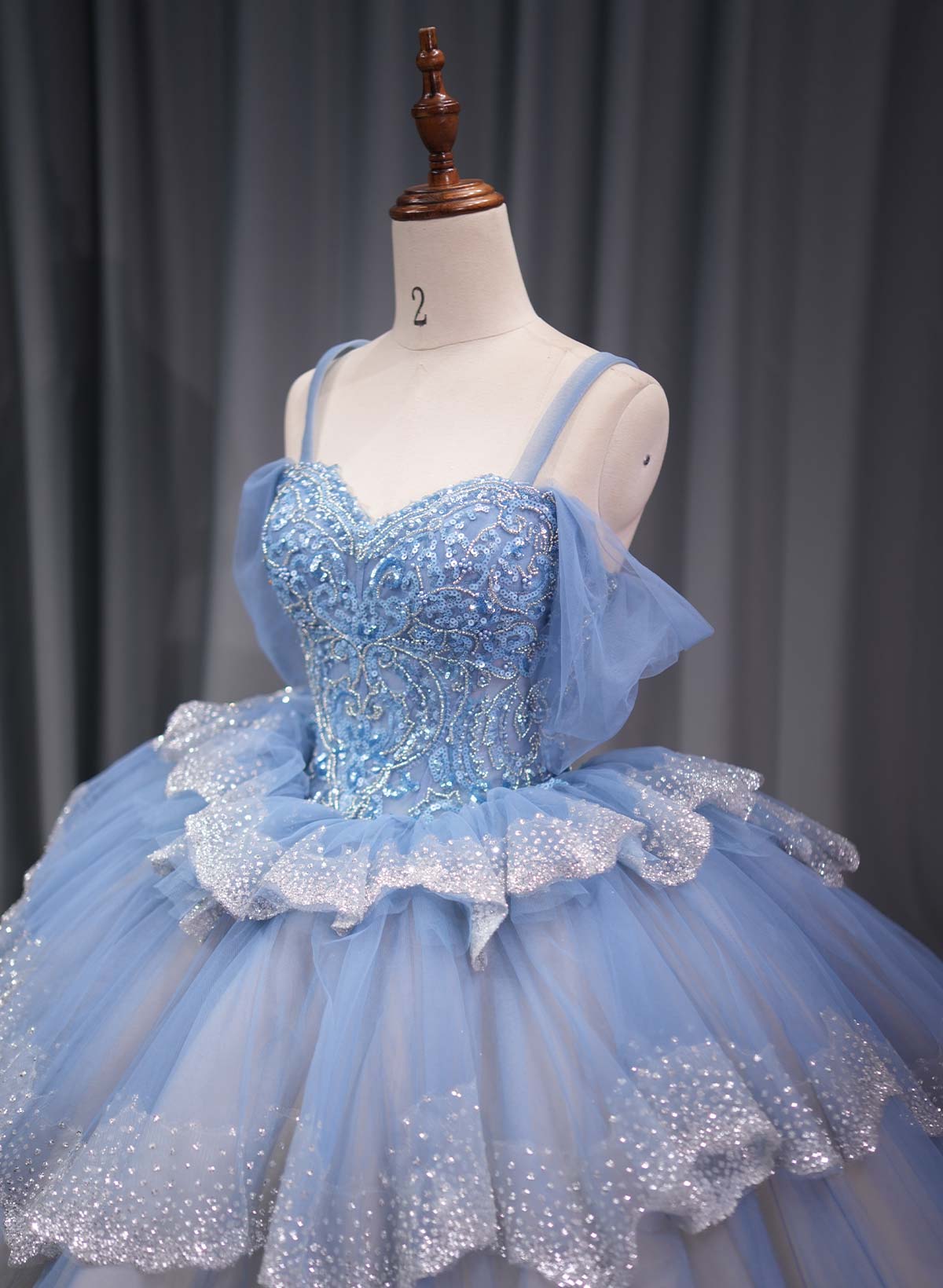 Ball-Gown Off-The-Shoulder Cape Sleeves Royal Prom Dresses With Cascading Ruffles/Sequins