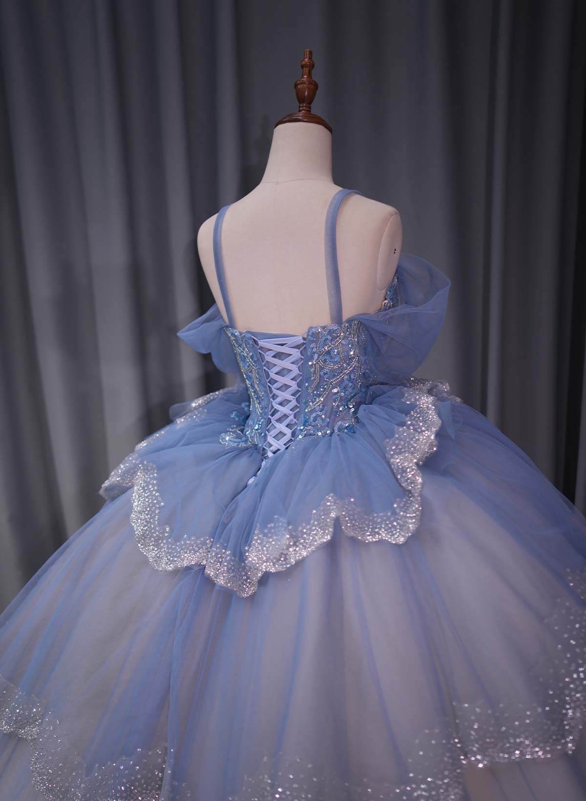 Ball-Gown Off-The-Shoulder Cape Sleeves Royal Prom Dresses With Cascading Ruffles/Sequins