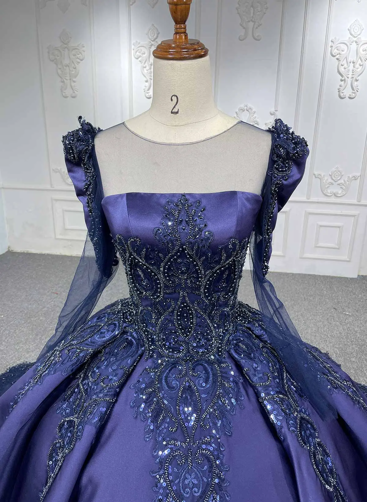 Ball-Gown Illusion Neck Long Sleeves Royal Prom Dresses With Beading/Sequins