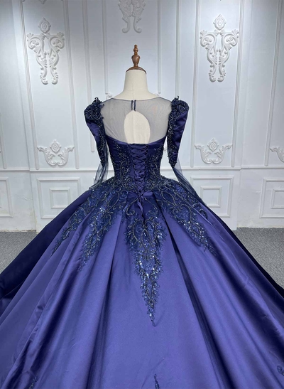 Ball-Gown Illusion Neck Long Sleeves Royal Prom Dresses With Beading/Sequins