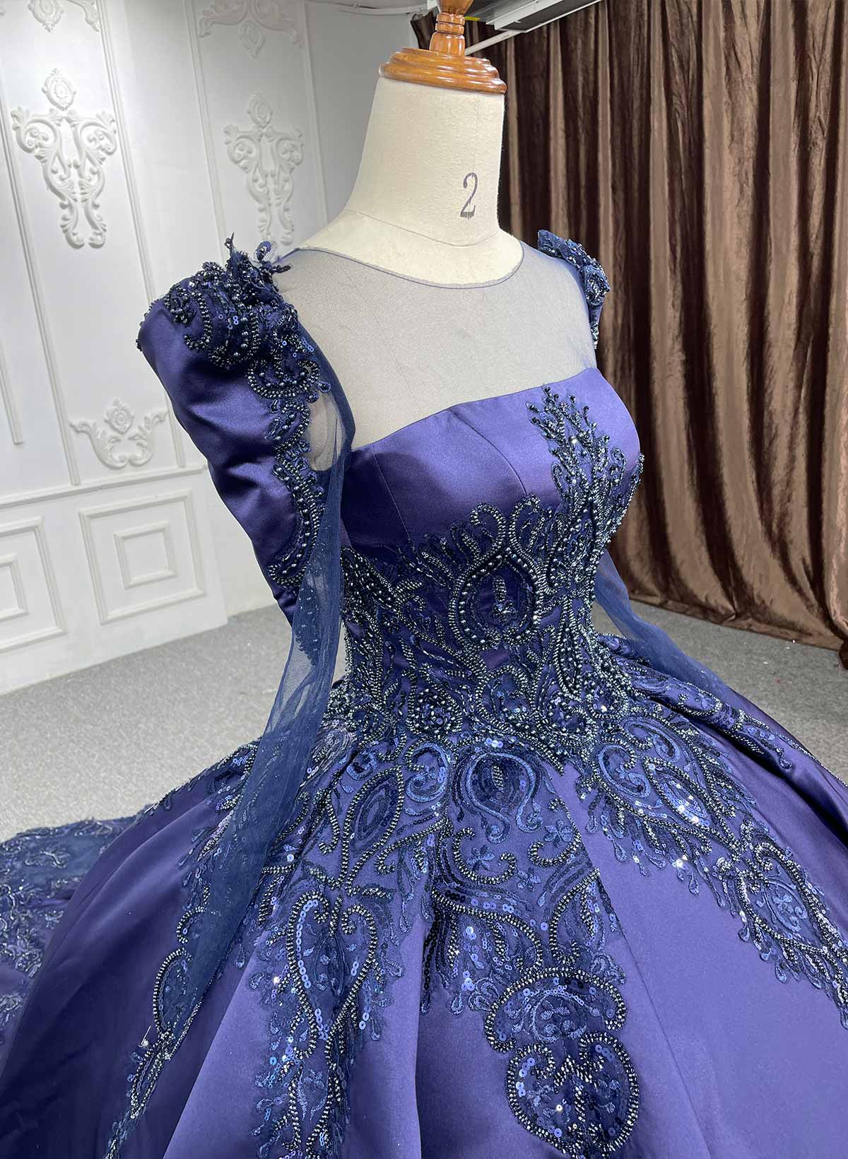 Ball-Gown Illusion Neck Long Sleeves Royal Prom Dresses With Beading/Sequins