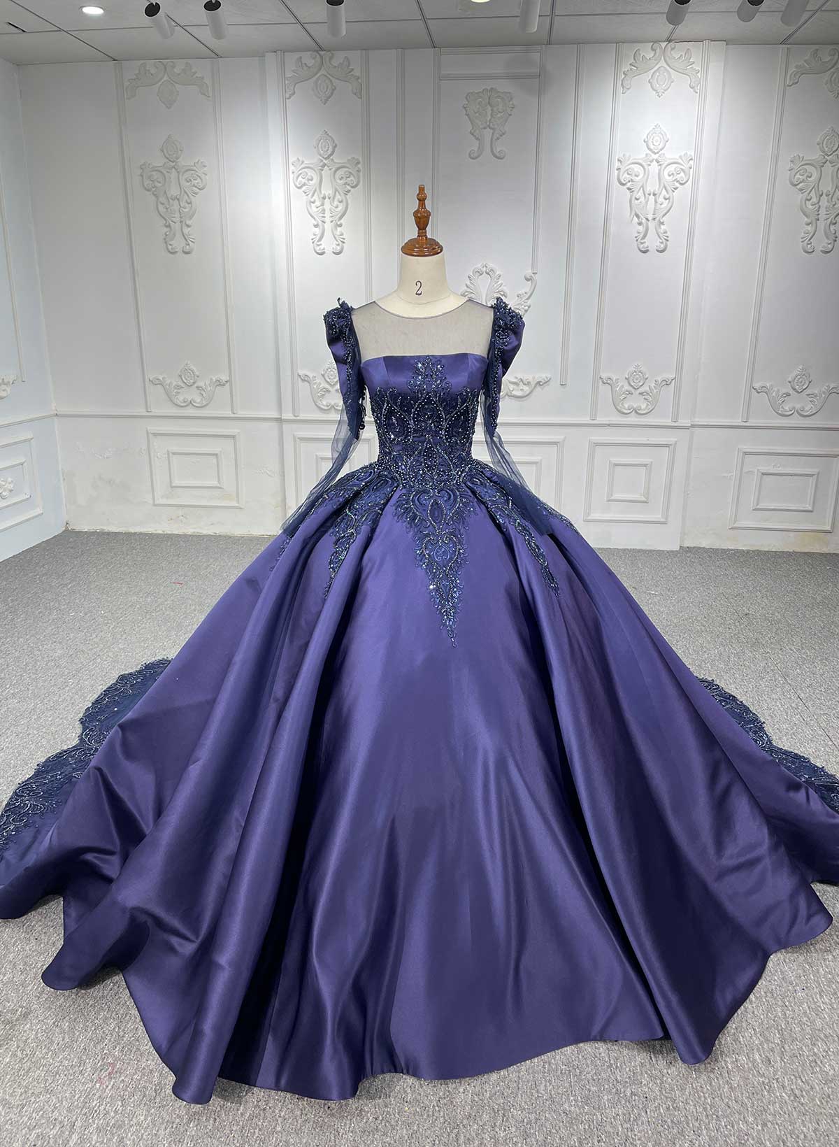 Ball-Gown Illusion Neck Long Sleeves Royal Prom Dresses With Beading/Sequins