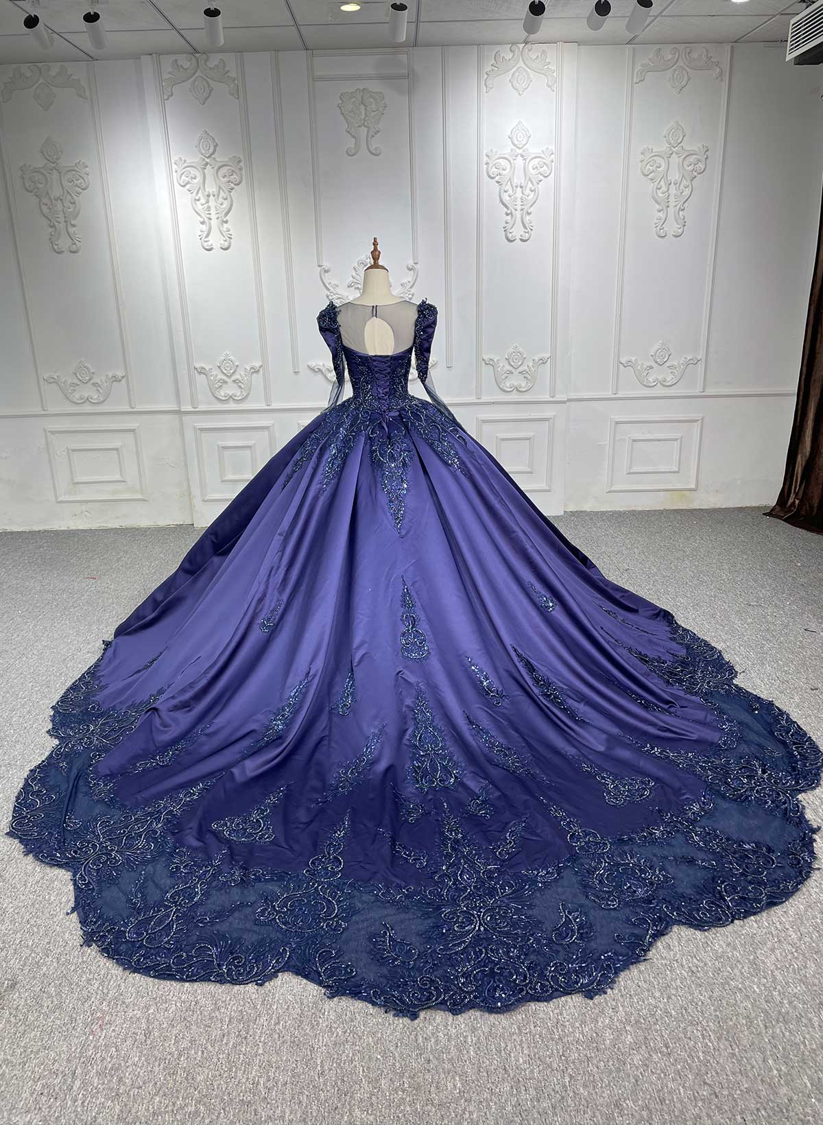Ball-Gown Illusion Neck Long Sleeves Royal Prom Dresses With Beading/Sequins