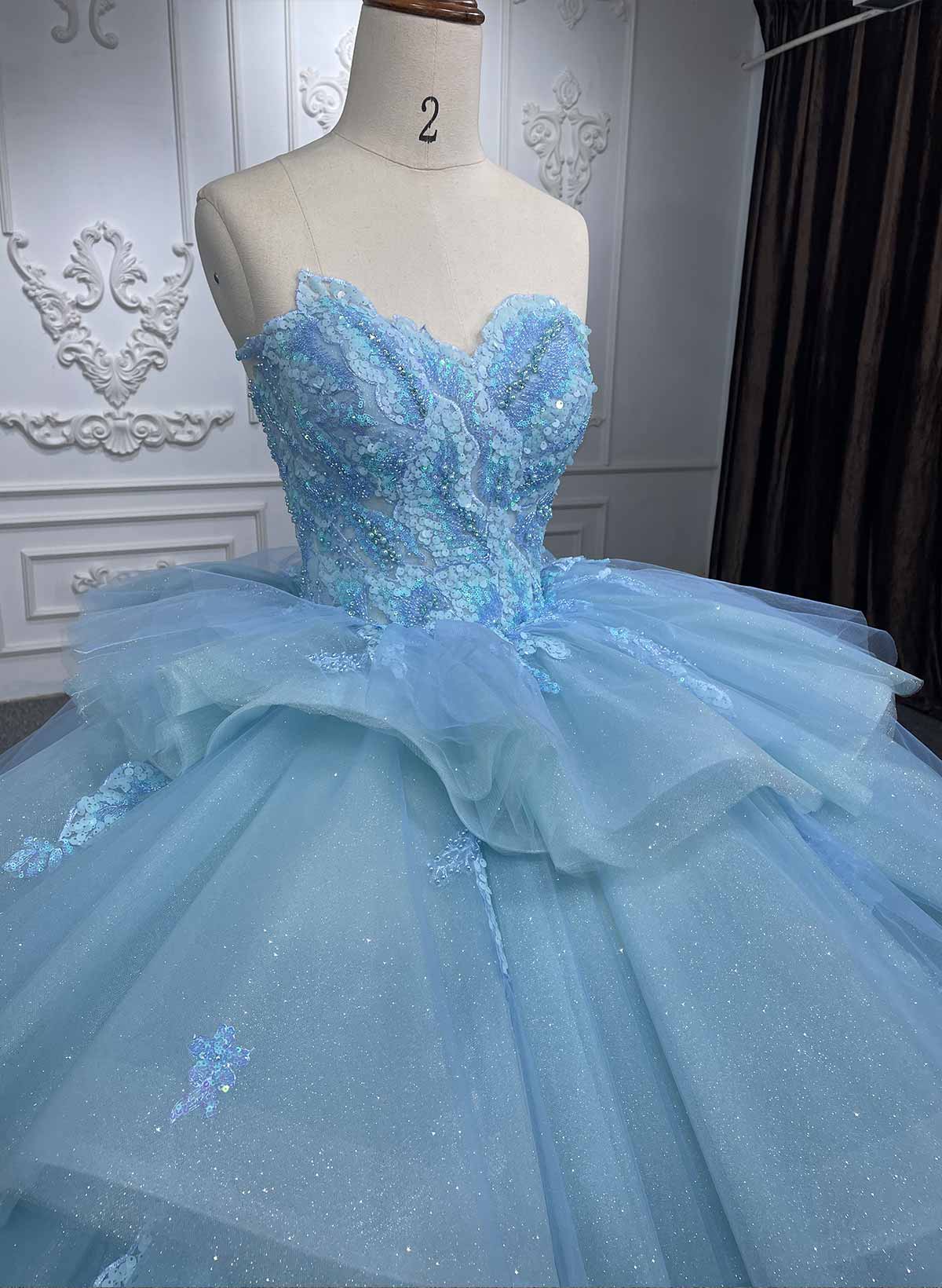 Ball-Gown Sweetheart Sleeveless Royal Prom Dresses With Cascading Ruffles/Beading/Sequins