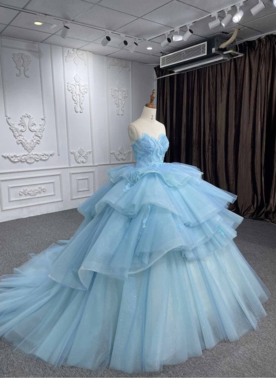 Ball-Gown Sweetheart Sleeveless Royal Prom Dresses With Cascading Ruffles/Beading/Sequins