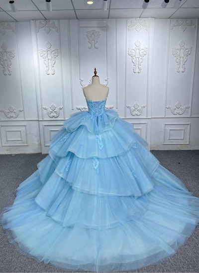 Ball-Gown Sweetheart Sleeveless Royal Prom Dresses With Cascading Ruffles/Beading/Sequins