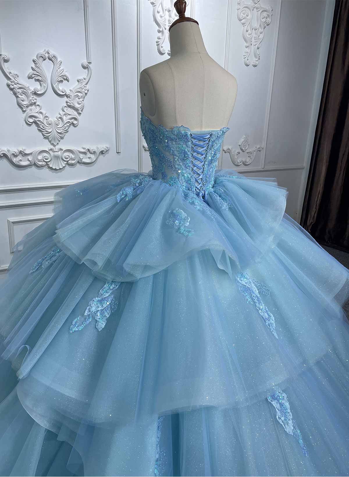 Ball-Gown Sweetheart Sleeveless Royal Prom Dresses With Cascading Ruffles/Beading/Sequins