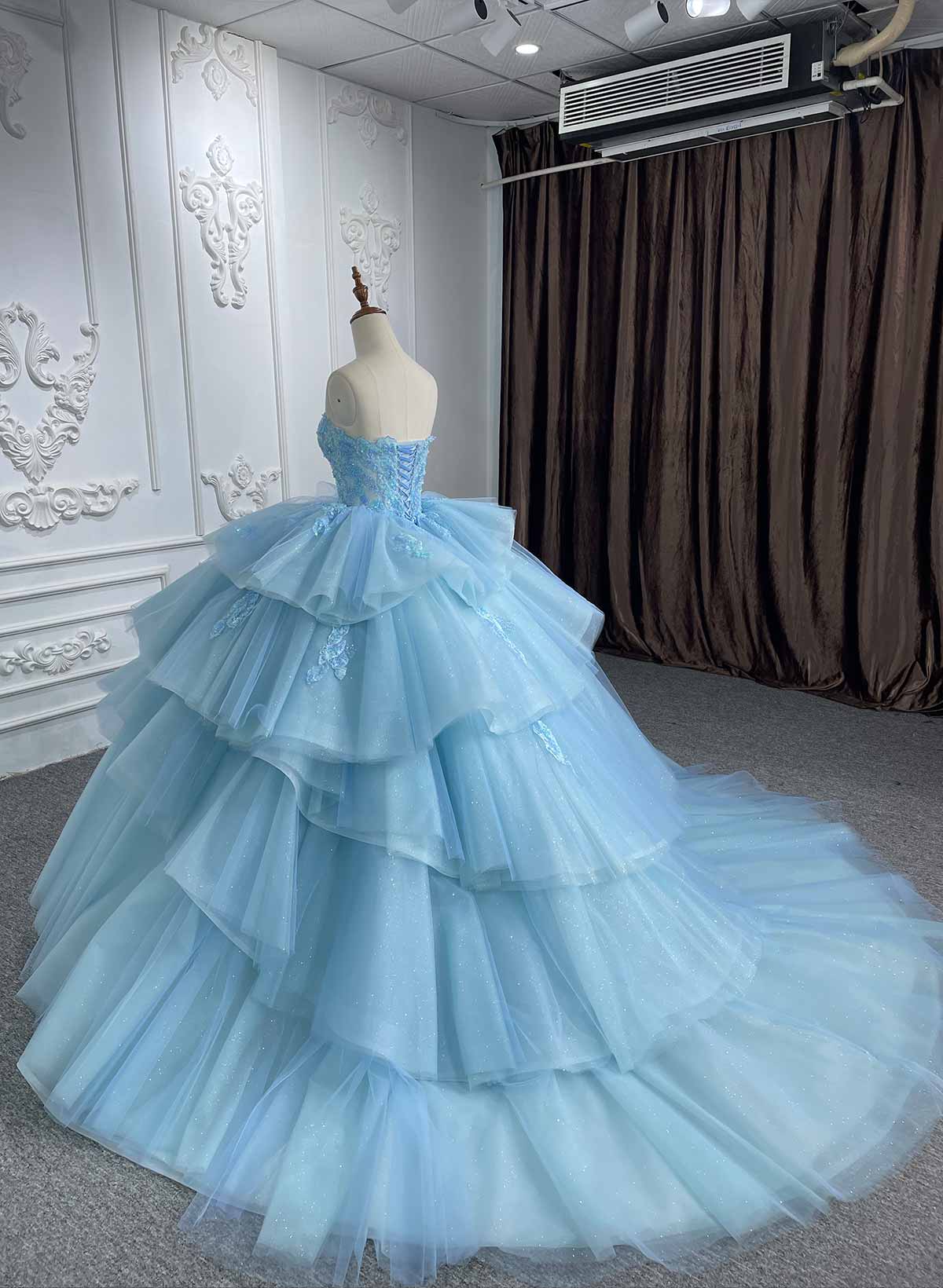 Ball-Gown Sweetheart Sleeveless Royal Prom Dresses With Cascading Ruffles/Beading/Sequins