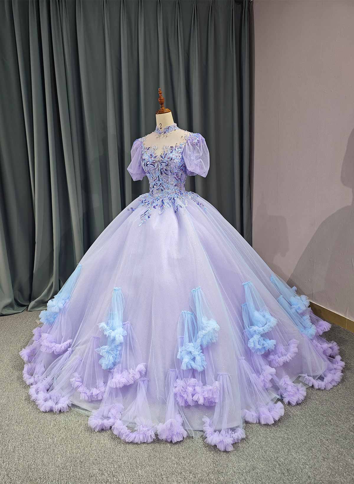 Ball-Gown Illusion Neck Short Sleeves Royal Prom Dresses With Beading/Sequins