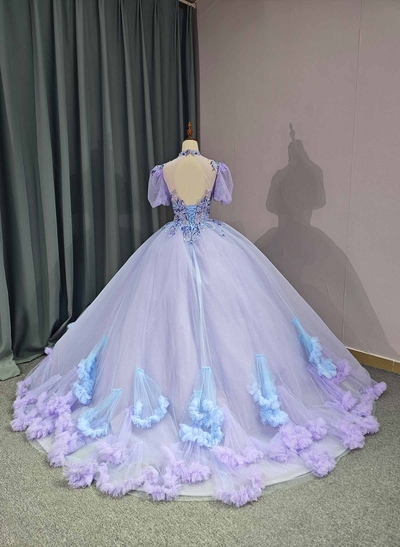 Ball-Gown Illusion Neck Short Sleeves Royal Prom Dresses With Beading/Sequins