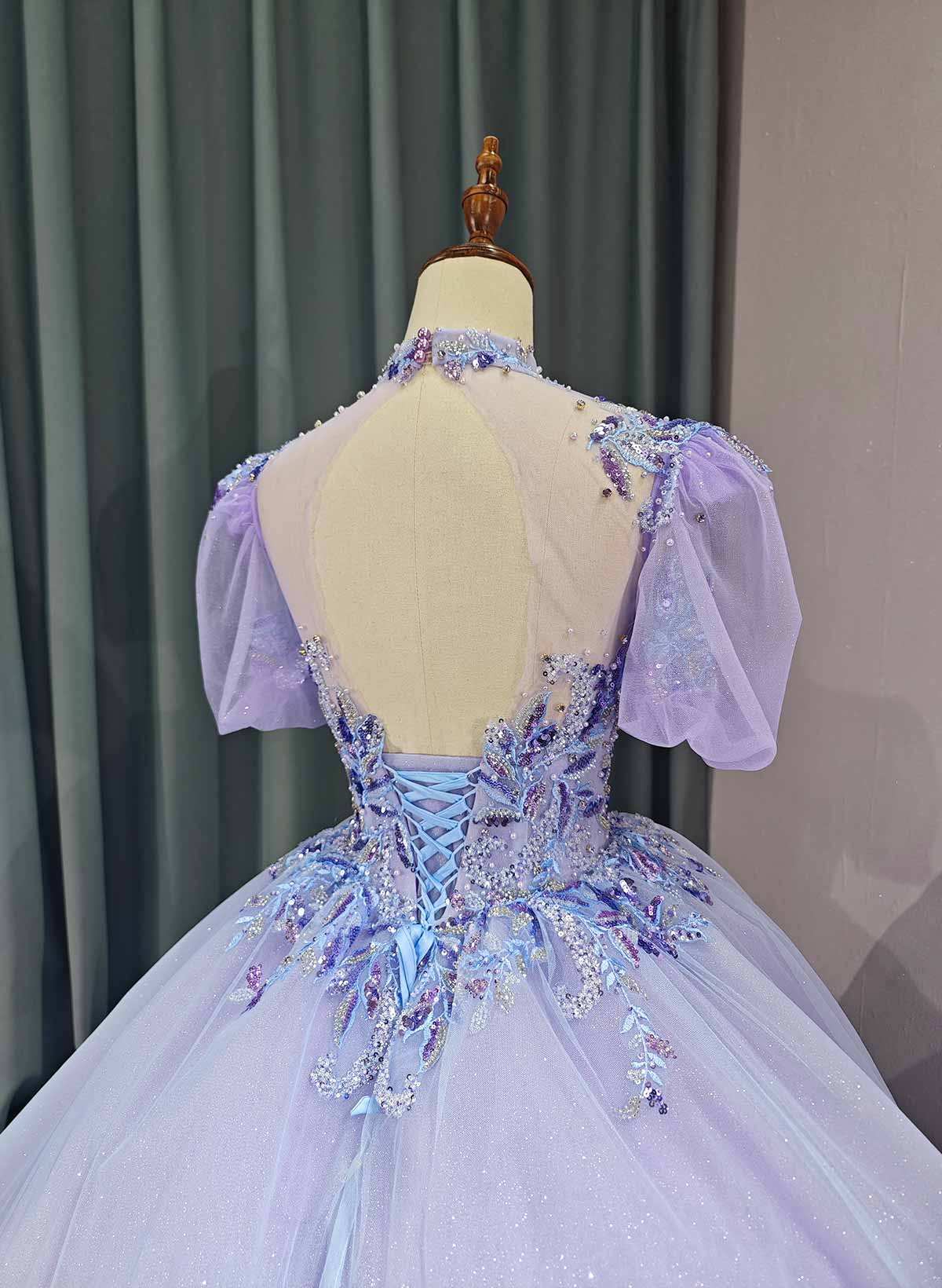 Ball-Gown Illusion Neck Short Sleeves Royal Prom Dresses With Beading/Sequins