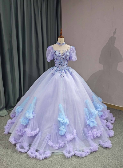 Ball-Gown Illusion Neck Short Sleeves Royal Prom Dresses With Beading/Sequins