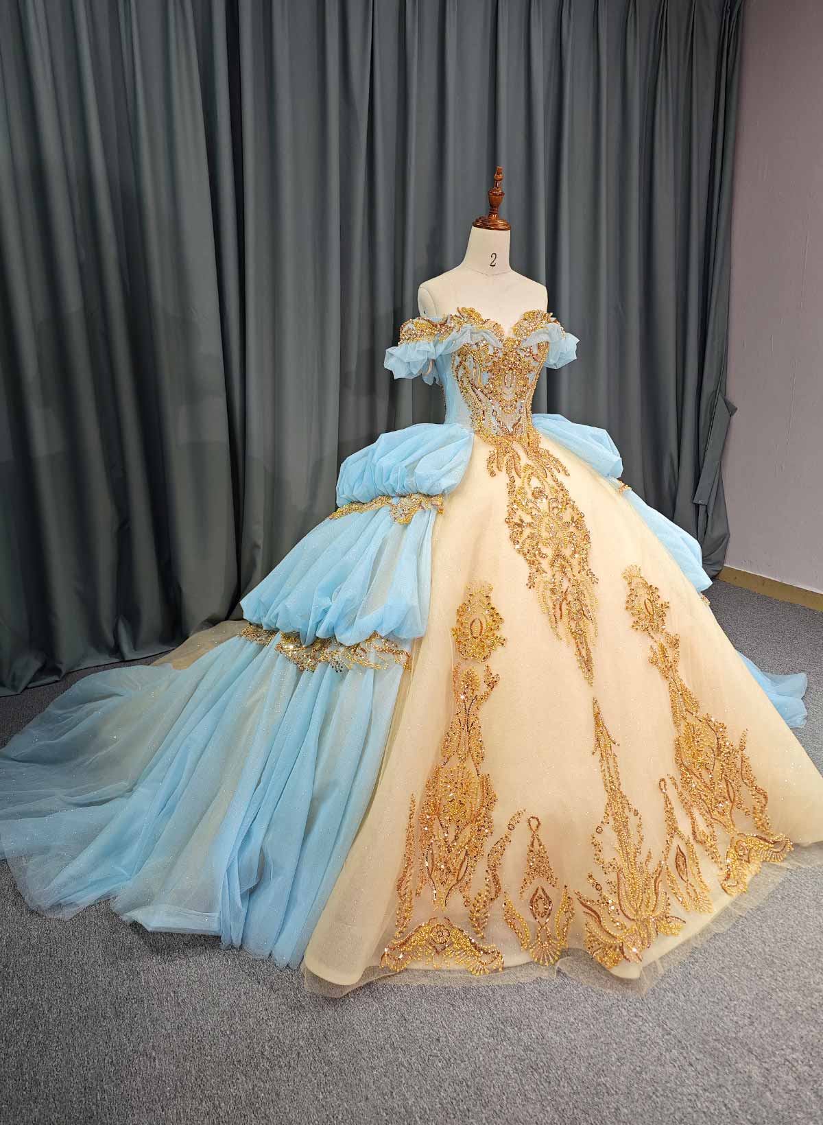 Ball-Gown Off-The-Shoulder Sleeveless Royal Prom Dresses With Beading/Sequins