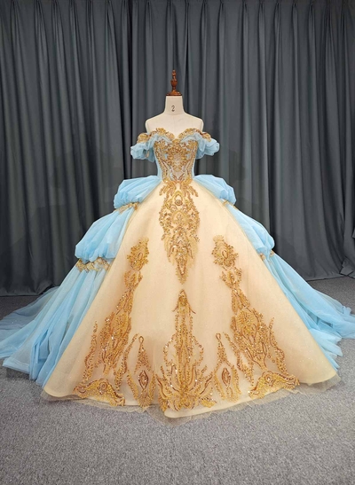 Ball-Gown Off-The-Shoulder Sleeveless Royal Prom Dresses With Beading/Sequins