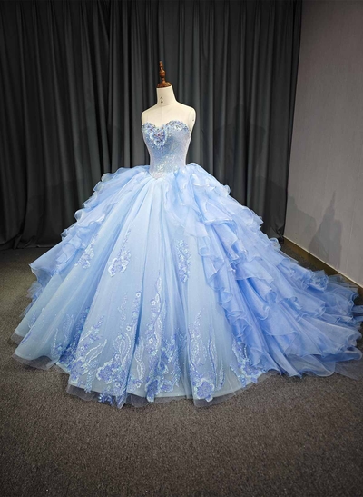 Ball-Gown Sweetheart Sleeveless Royal Prom Dresses With Cascading Ruffles/Beading/Sequins/Flower(s)
