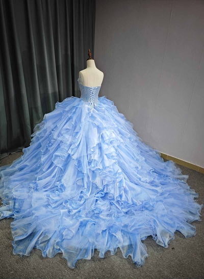 Ball-Gown Sweetheart Sleeveless Royal Prom Dresses With Cascading Ruffles/Beading/Sequins/Flower(s)