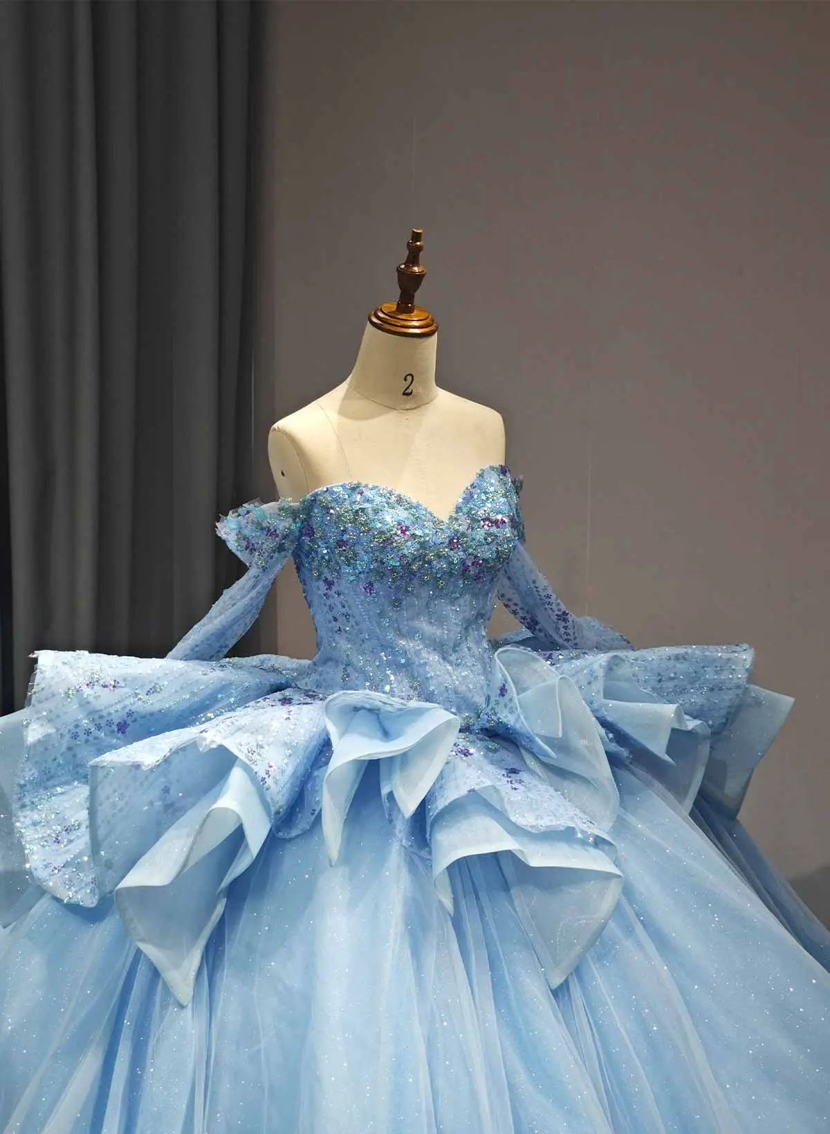 Ball-Gown Off-The-Shoulder Long Sleeves Royal Prom Dresses With Beading/Sequins