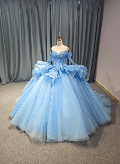 Ball-Gown Off-The-Shoulder Long Sleeves Royal Prom Dresses With Beading/Sequins