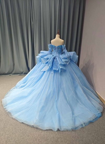 Ball-Gown Off-The-Shoulder Long Sleeves Royal Prom Dresses With Beading/Sequins