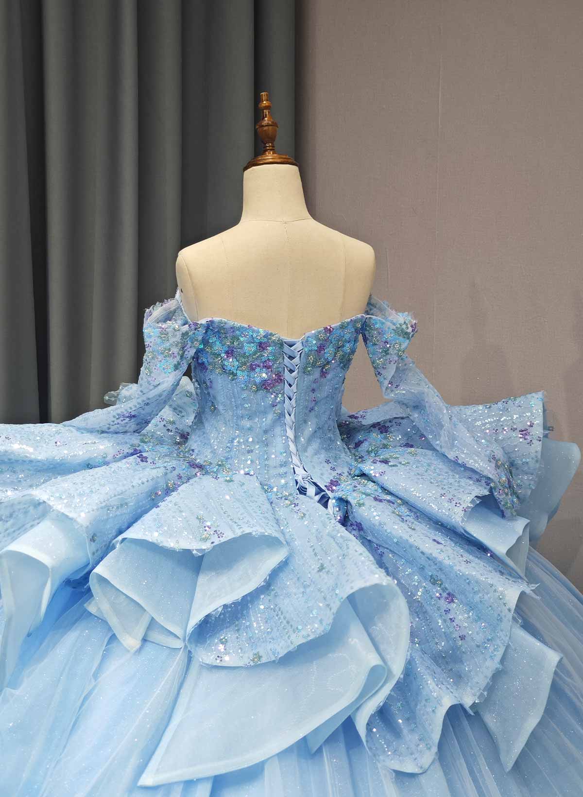 Ball-Gown Off-The-Shoulder Long Sleeves Royal Prom Dresses With Beading/Sequins