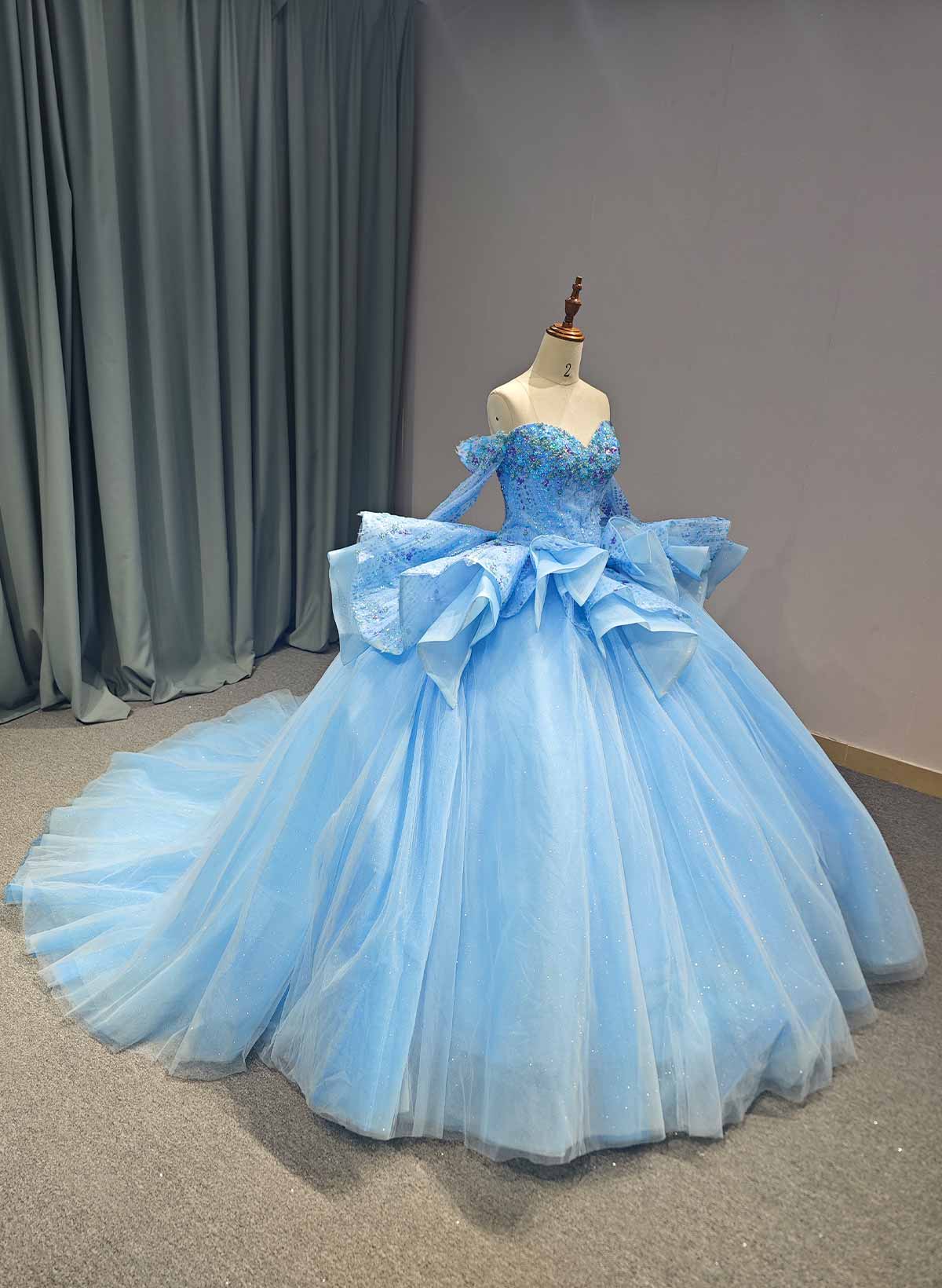 Ball-Gown Off-The-Shoulder Long Sleeves Royal Prom Dresses With Beading/Sequins