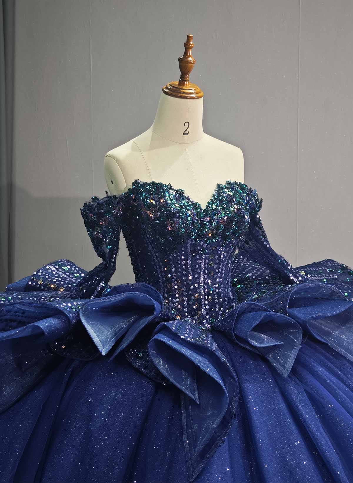 Ball-Gown Off-The-Shoulder Long Sleeves Royal Prom Dresses With Beading/Sequins