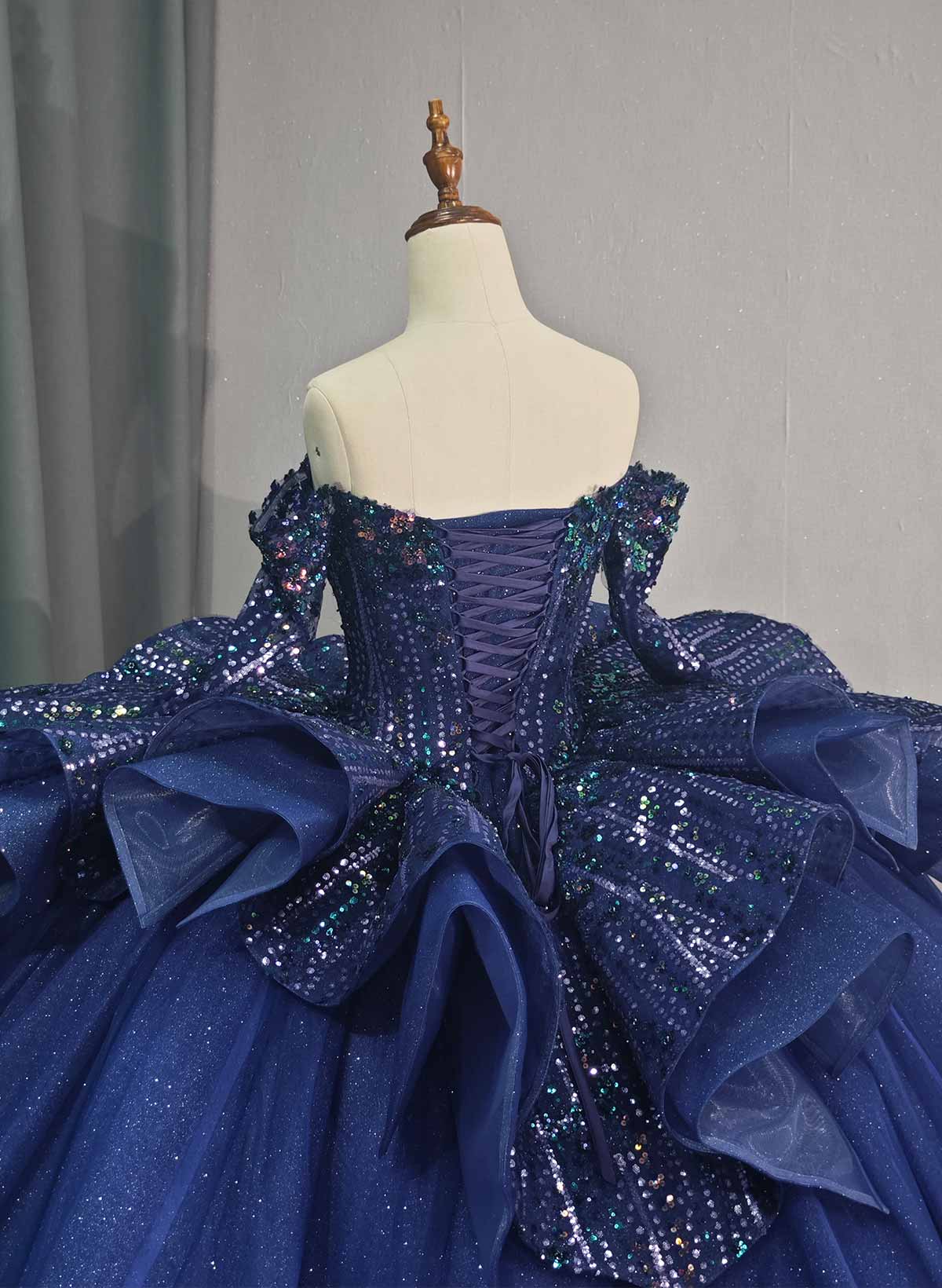 Ball-Gown Off-The-Shoulder Long Sleeves Royal Prom Dresses With Beading/Sequins