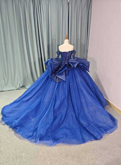 Ball-Gown Off-The-Shoulder Long Sleeves Royal Prom Dresses With Beading/Sequins