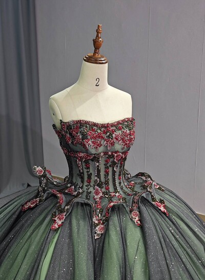 Sparkle & Shine Strapless Sleeveless Ball-Gown Chapel Train Tulle Prom Dresses With Flower(s)