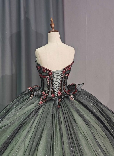 Sparkle & Shine Strapless Sleeveless Ball-Gown Chapel Train Tulle Prom Dresses With Flower(s)