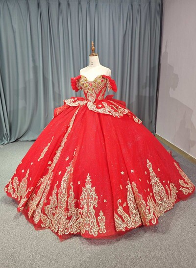 Sparkle & Shine Off-The-Shoulder Ball-Gown Chapel Train Lace/Tulle Prom Dresses With Sequins/Flower(s)