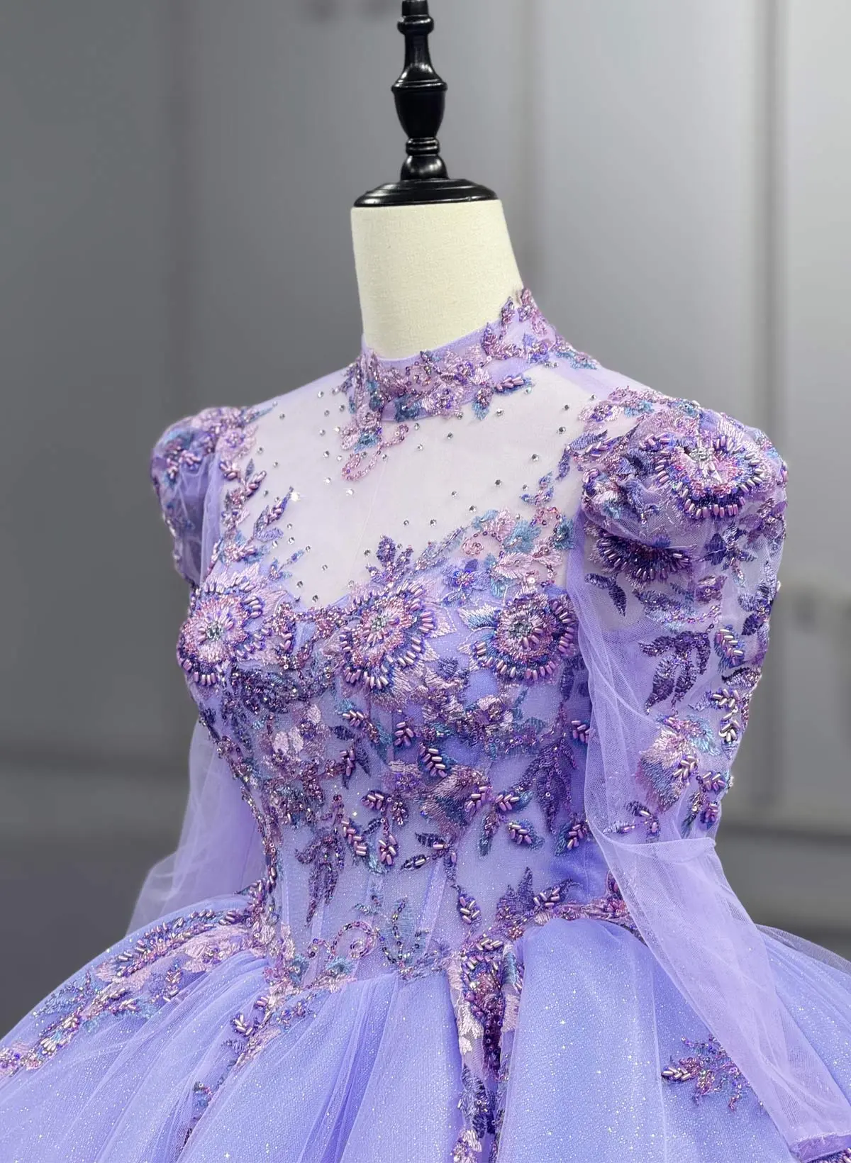 High Neck Long Sleeves Ball-Gown Chapel Train Tulle Prom Dresses With Beading/Flower(s)