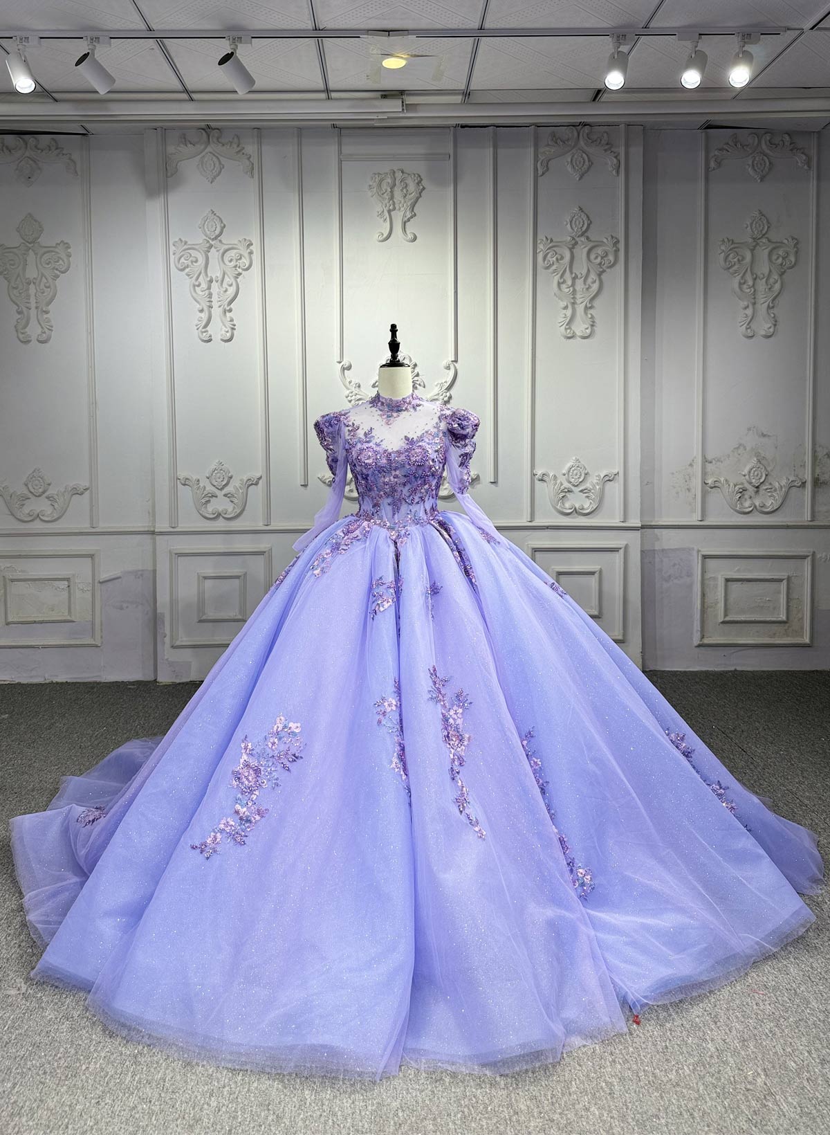 High Neck Long Sleeves Ball-Gown Chapel Train Tulle Prom Dresses With Beading/Flower(s)