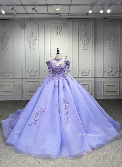 High Neck Long Sleeves Ball-Gown Chapel Train Tulle Prom Dresses With Beading/Flower(s)