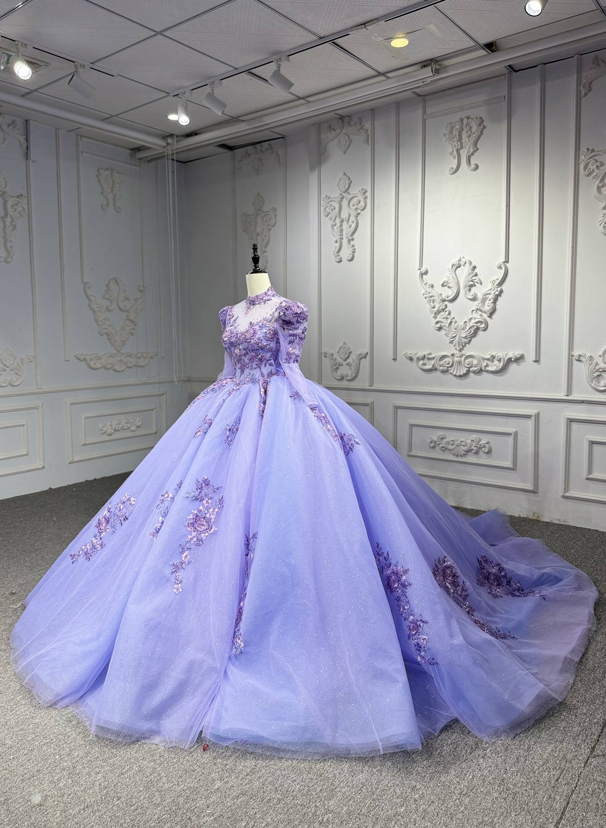 High Neck Long Sleeves Ball-Gown Chapel Train Tulle Prom Dresses With Beading/Flower(s)