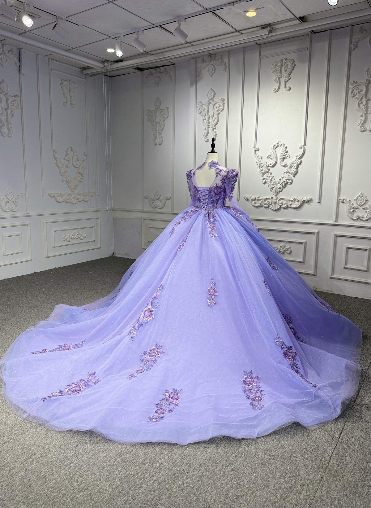 High Neck Long Sleeves Ball-Gown Chapel Train Tulle Prom Dresses With Beading/Flower(s)