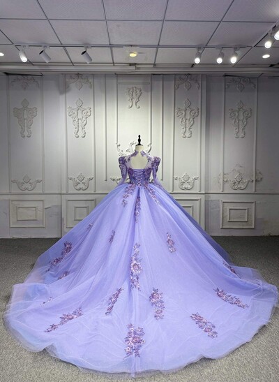 High Neck Long Sleeves Ball-Gown Chapel Train Tulle Prom Dresses With Beading/Flower(s)