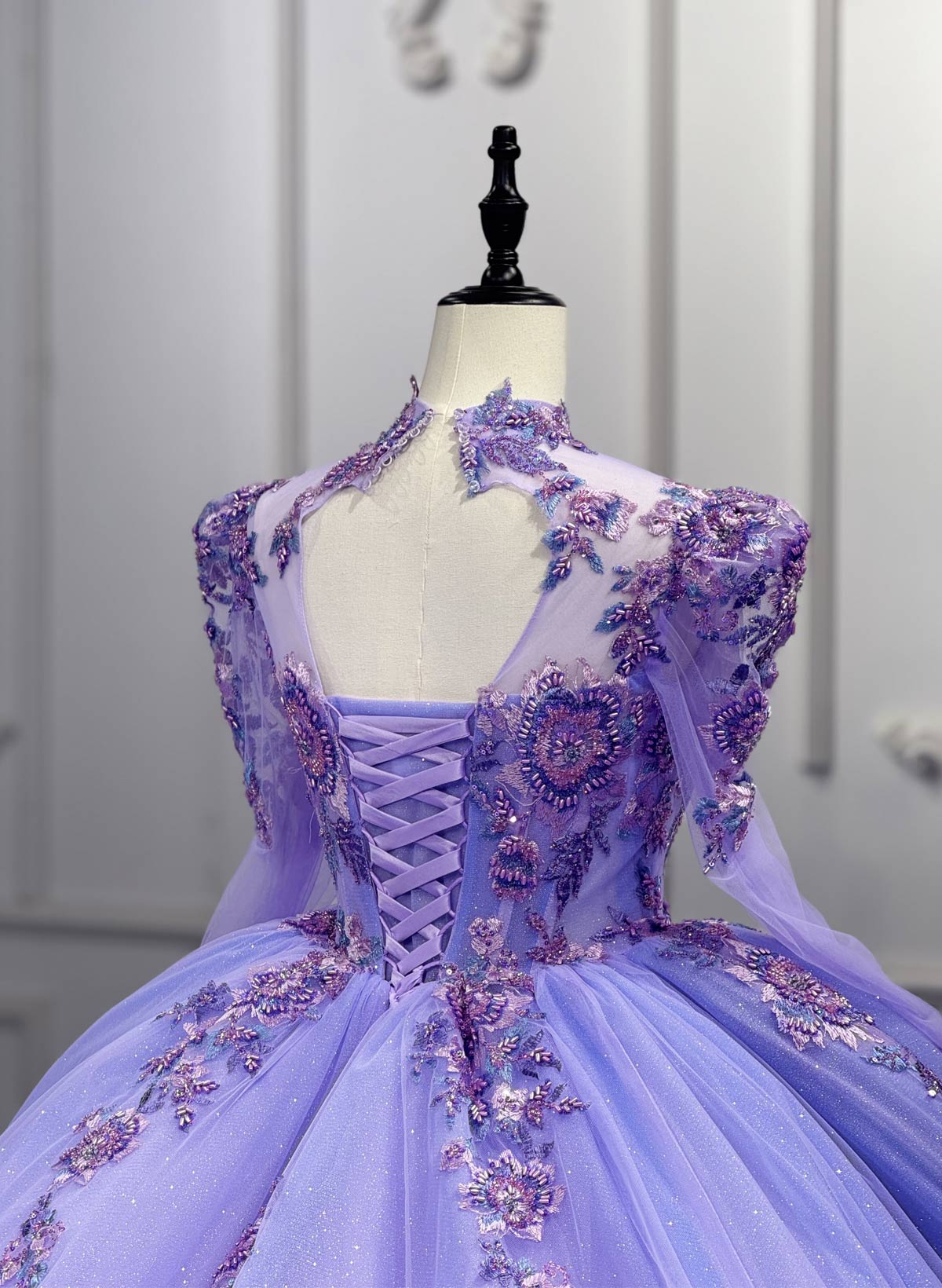 High Neck Long Sleeves Ball-Gown Chapel Train Tulle Prom Dresses With Beading/Flower(s)