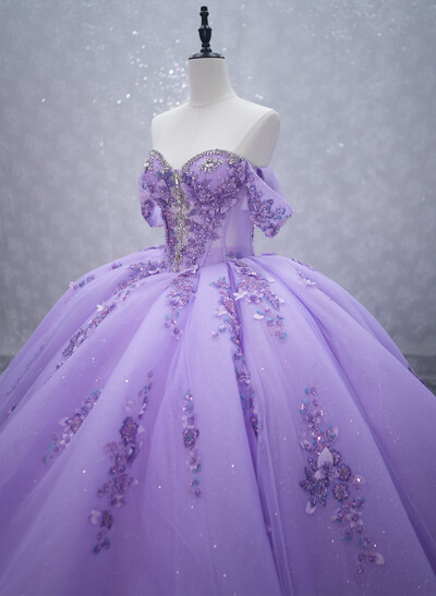 Sparkle & Shine Off-The-Shoulder Ball-Gown Chapel Train Tulle Prom Dresses With Beading/Rhinestone/Flower(s)