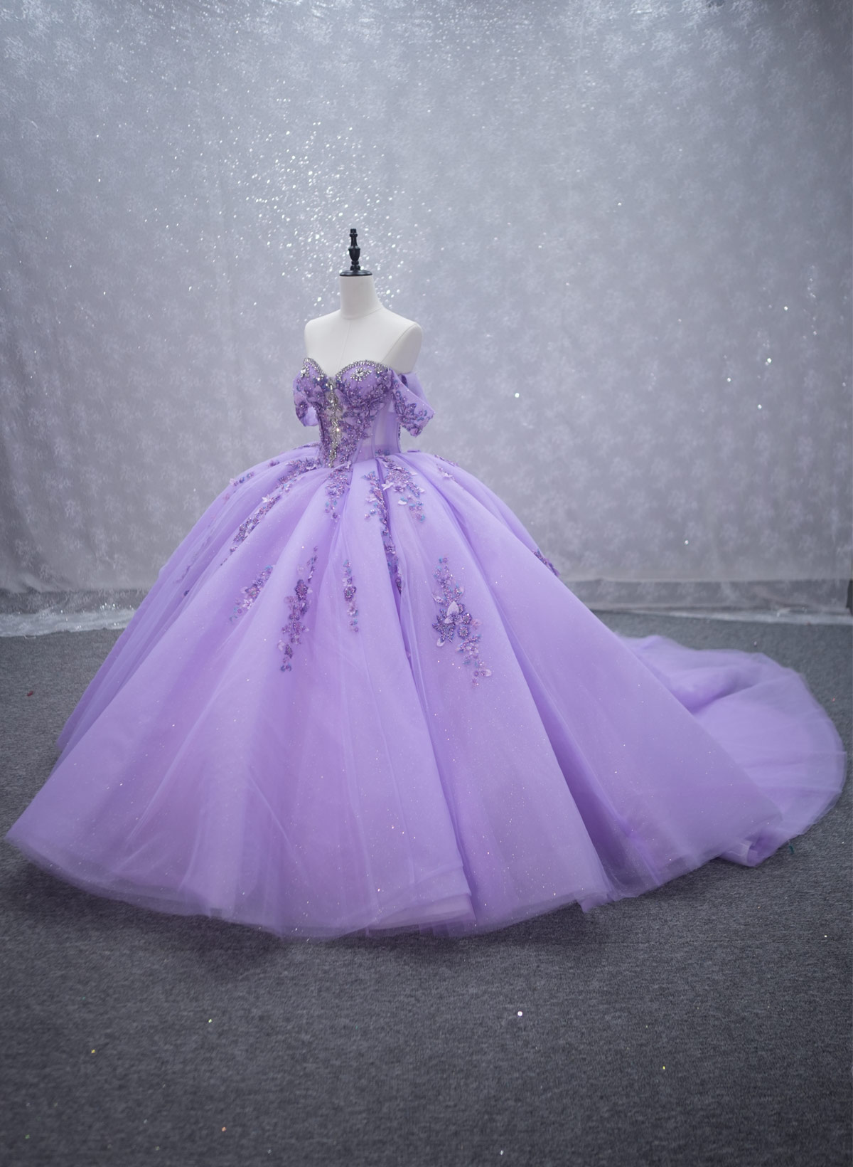 Sparkle & Shine Off-The-Shoulder Ball-Gown Chapel Train Tulle Prom Dresses With Beading/Rhinestone/Flower(s)