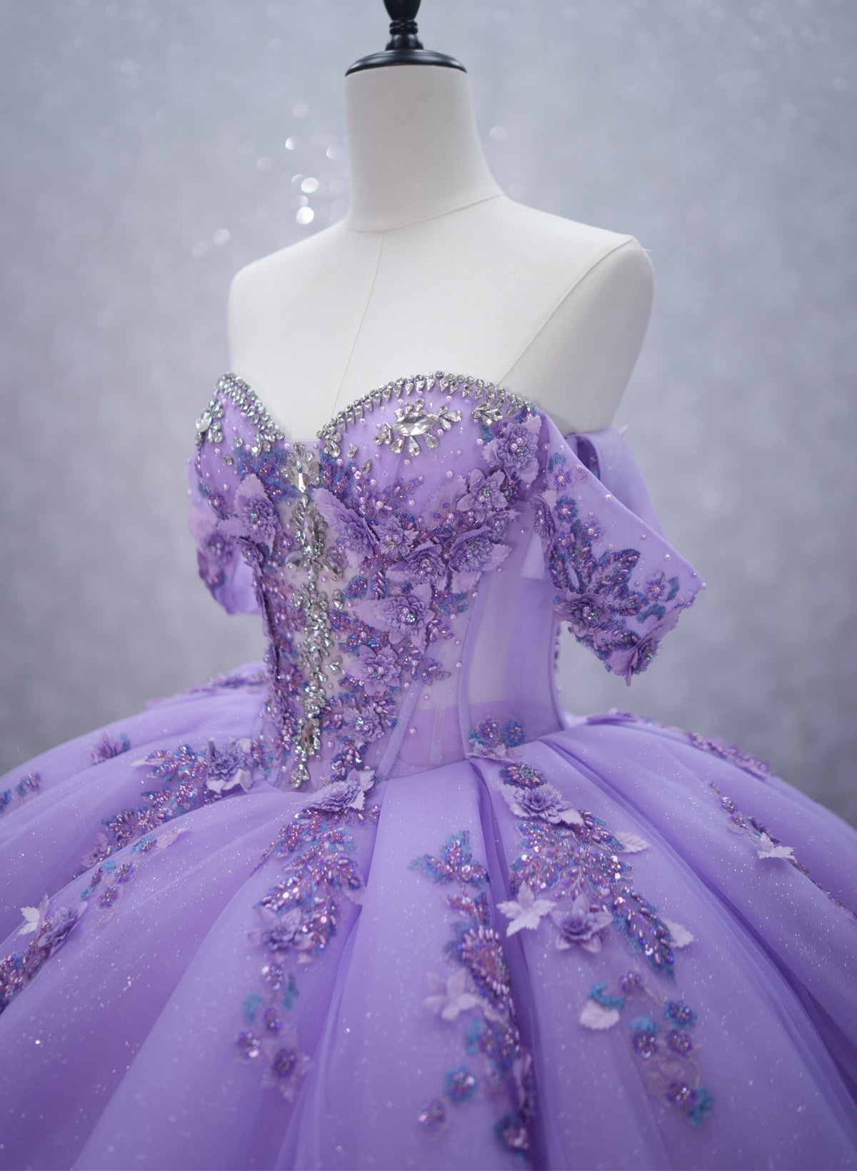 Sparkle & Shine Off-The-Shoulder Ball-Gown Chapel Train Tulle Prom Dresses With Beading/Rhinestone/Flower(s)
