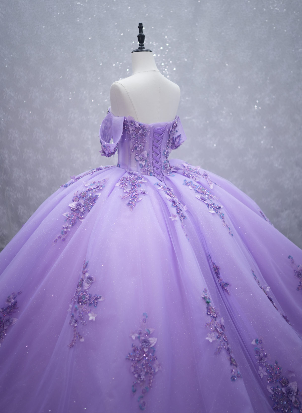 Sparkle & Shine Off-The-Shoulder Ball-Gown Chapel Train Tulle Prom Dresses With Beading/Rhinestone/Flower(s)