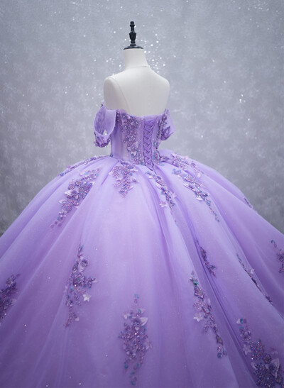 Sparkle & Shine Off-The-Shoulder Ball-Gown Chapel Train Tulle Prom Dresses With Beading/Rhinestone/Flower(s)