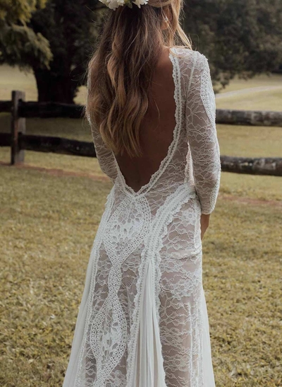 Open Back Scoop Neck Long Sleeves Sweep Train LaceWedding Dresses With Back Hole