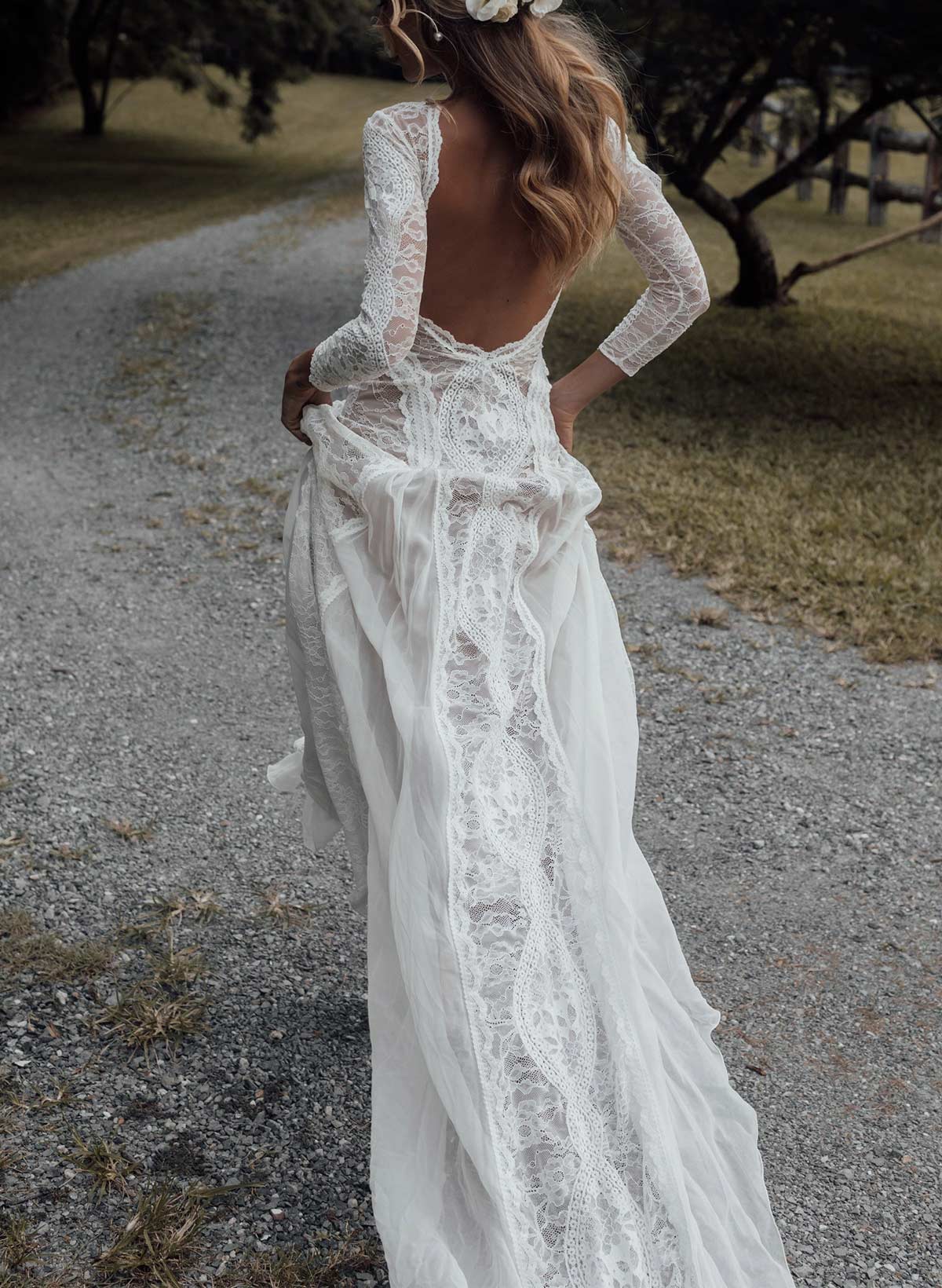 Open Back Scoop Neck Long Sleeves Sweep Train LaceWedding Dresses With Back Hole