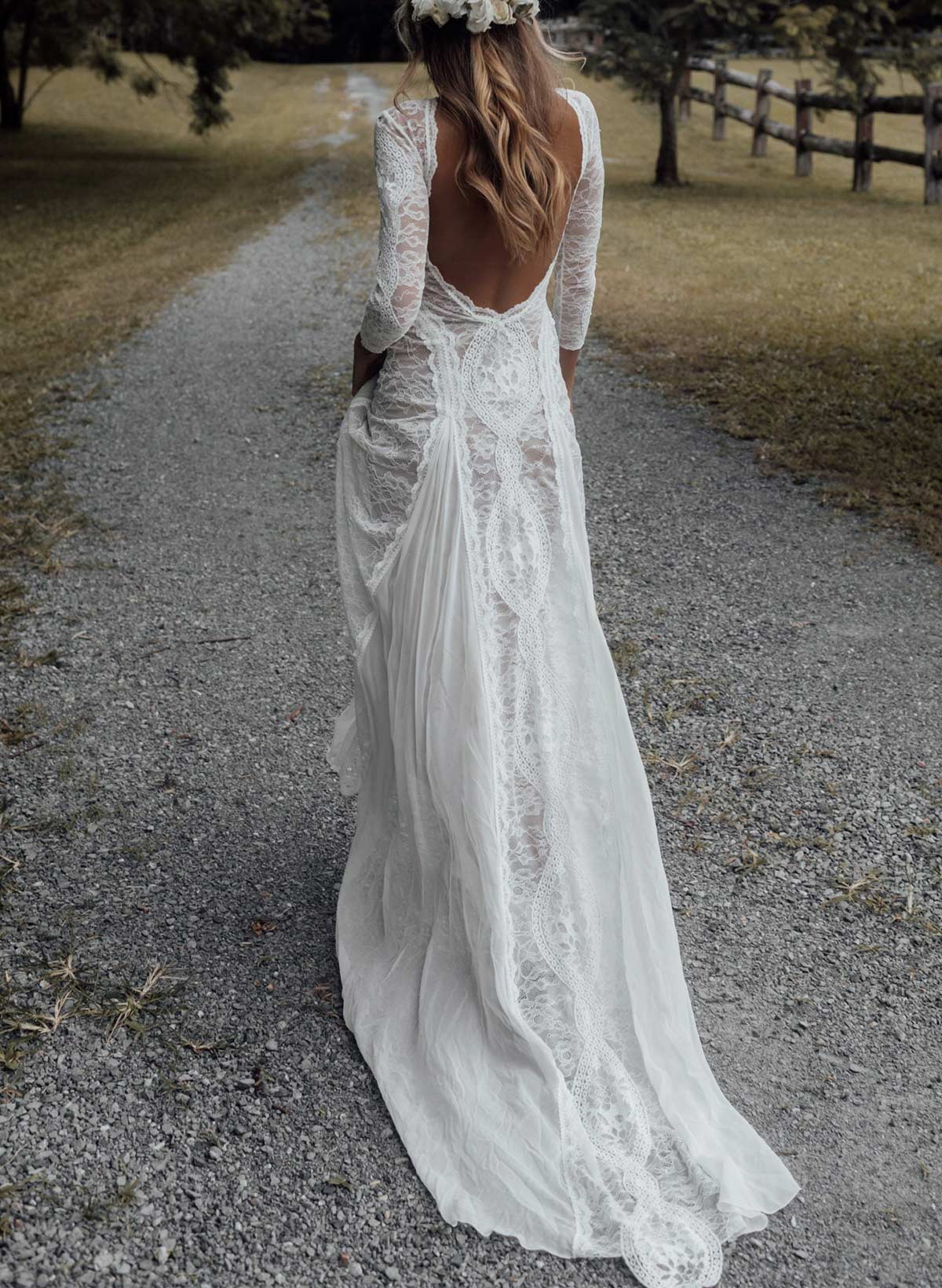 Open Back Scoop Neck Long Sleeves Sweep Train LaceWedding Dresses With Back Hole